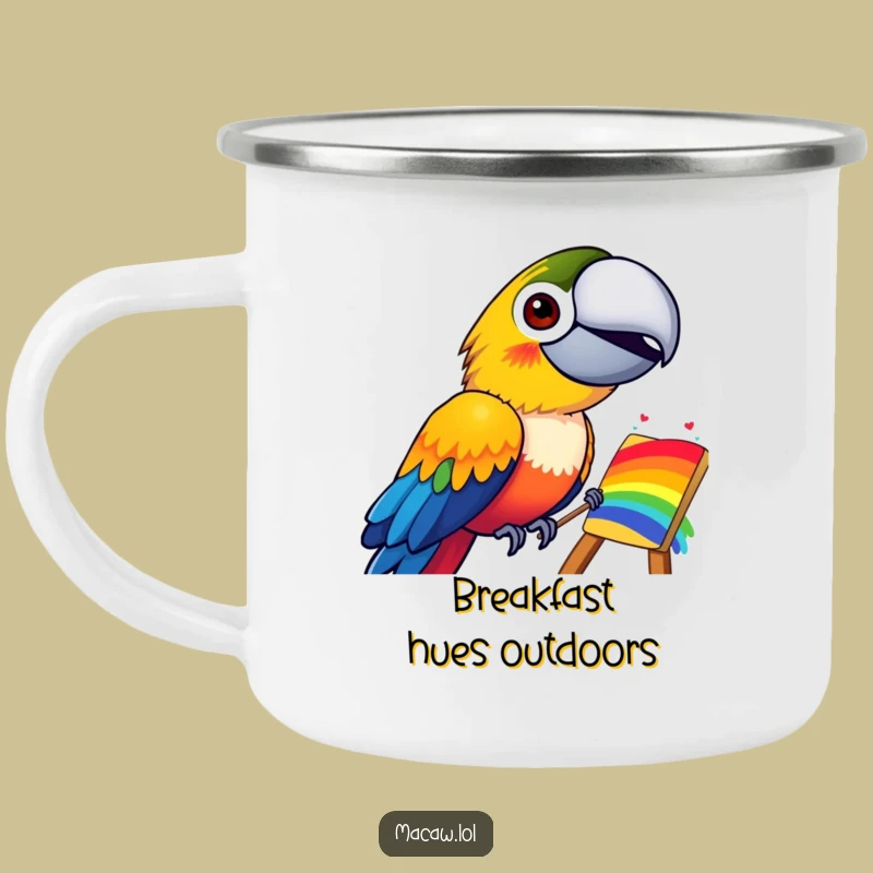 Funny Macaw Rainbow Painting Camping Mug: Durable, Grinning Bird Art Gift