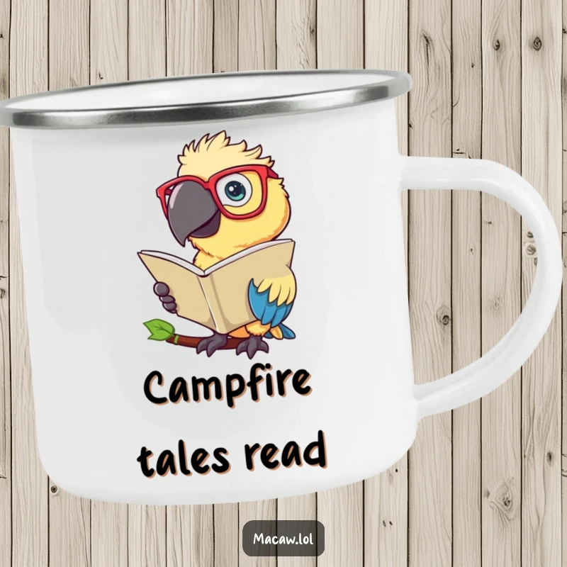 Funny Macaw Camping Mug: A sturdy mug with a scholarly macaw bird wearing glasses and reading.