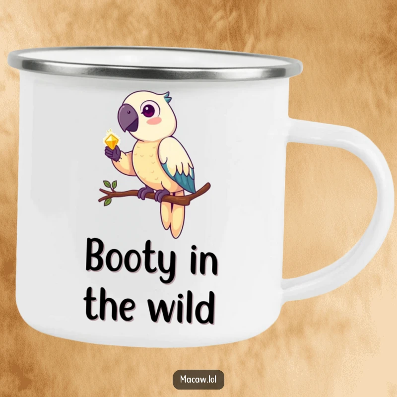 Funny macaw camping mug, a rugged pirate parrot perched on a log, holding a shiny gold coin.