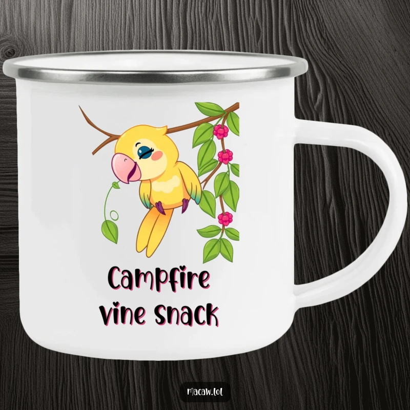 Funny macaw bird camping mug, playful bird tugging on a dangling vine, jungle theme, durable, humorous, outdoor gift.
