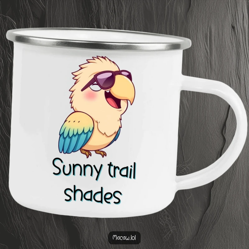 Funny camping mug featuring a cheerful macaw bird squawking happily while wearing cool sunglasses, ideal for outdoor enjoyment.