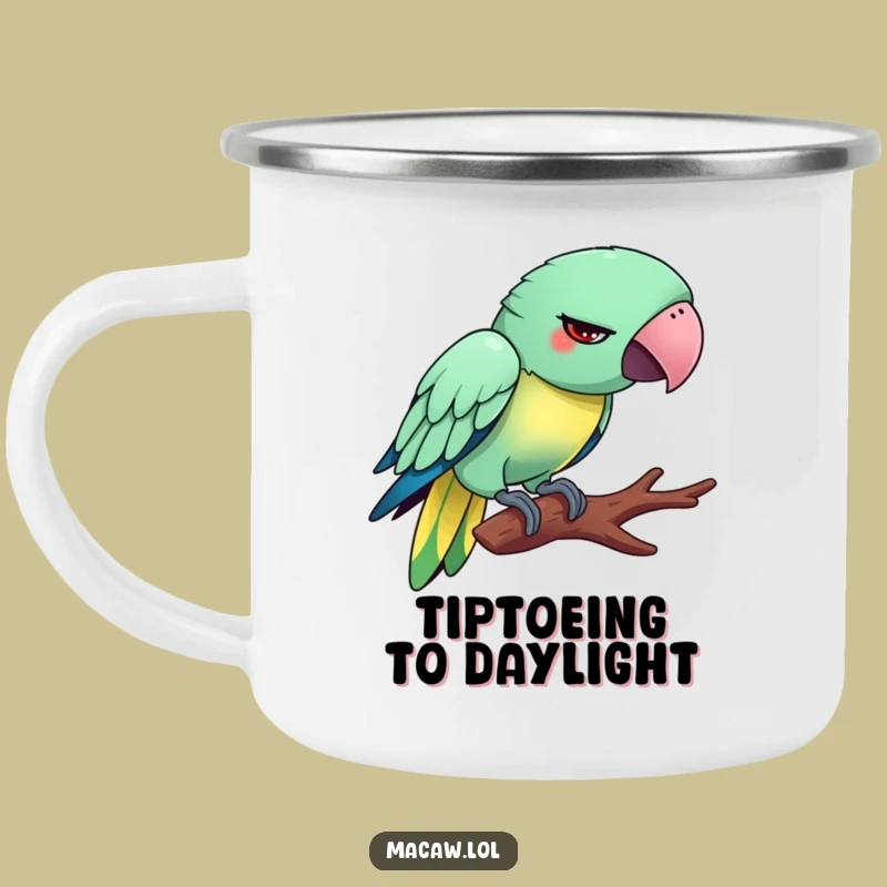 Funny Tiptoeing Macaw Camping Mug: Sip Humor on Your Adventures