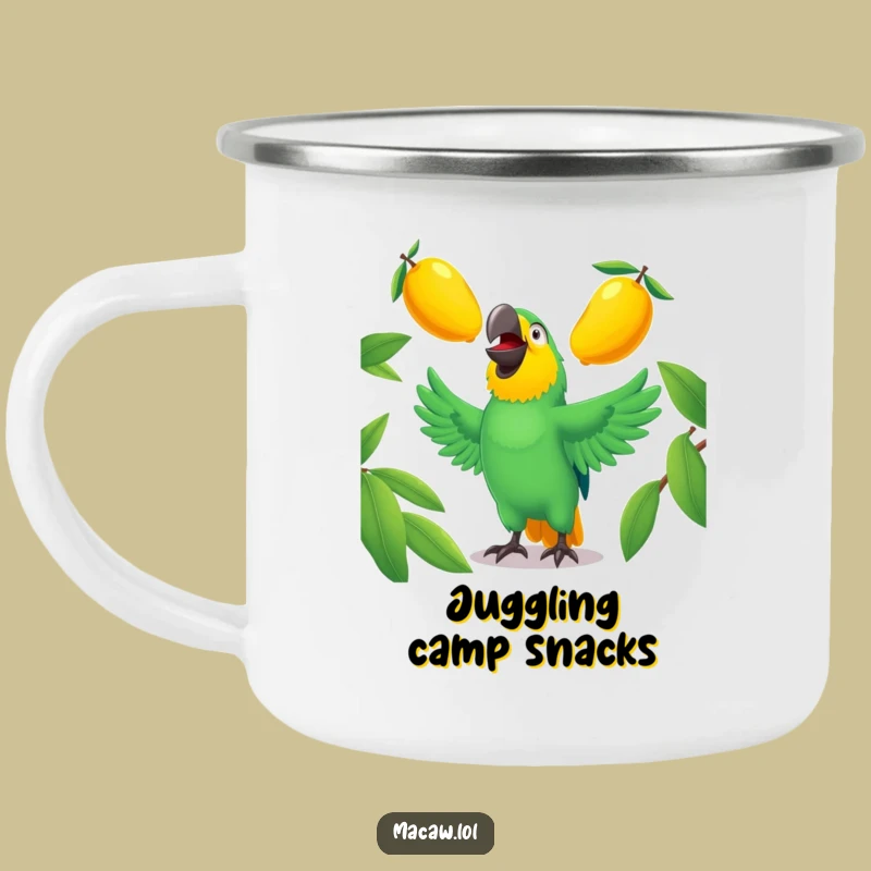 Funny Macaw Juggling Campfire Mug - Tropical Bird Gift, Outdoor Fun