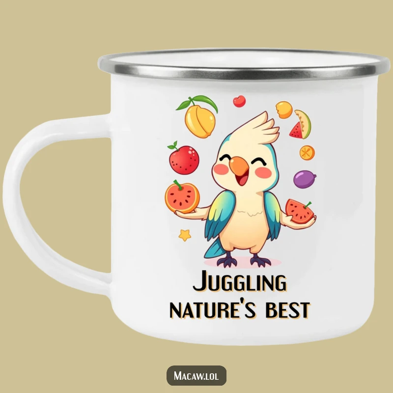 Adventure Funny Kawaii Macaw Mug: Campfire Juggling with Fruity Bird!