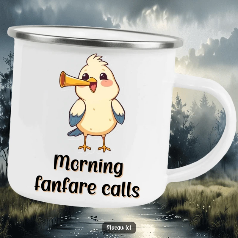 Funny bird honking a tiny horn with great joy, a humorous and sturdy camping mug.