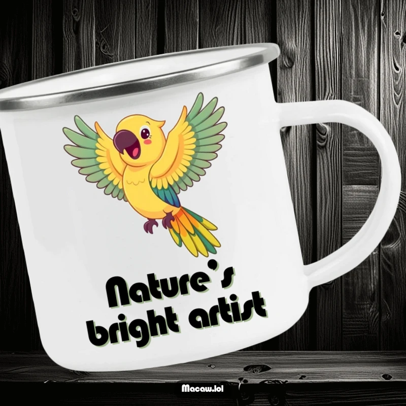 Funny happy macaw camping mug, a cheerful macaw soaring through the sky, leaving a beautiful rainbow trail.