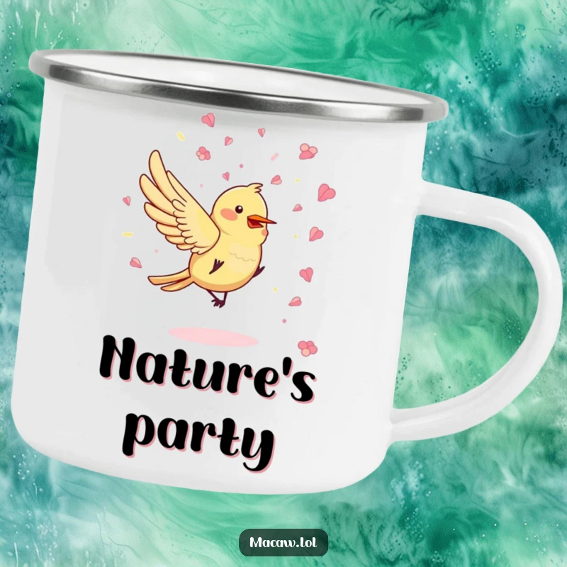 Funny Petal Party Camping Mug of a bird playfully throwing flower petal confetti, ideal for festive outdoor drinks.