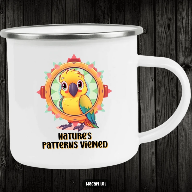 Funny camping mug featuring a curious macaw bird looking through a sparkling kaleidoscope, ideal for outdoor brews and discovery.