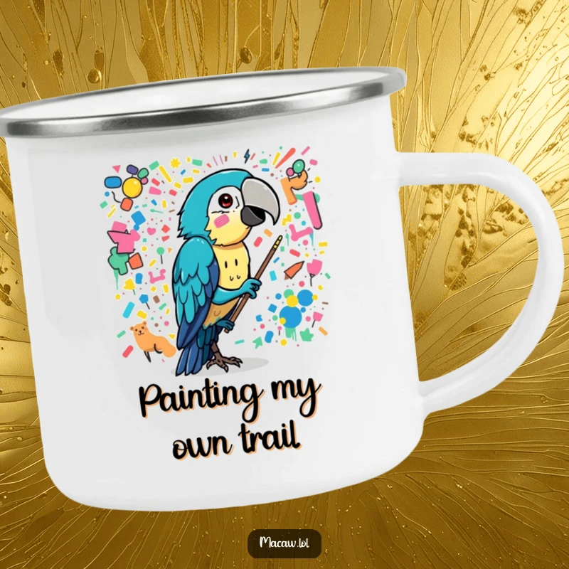 Funny macaw bird painting a chaotic mural with its beak, a humorous and sturdy camping mug.