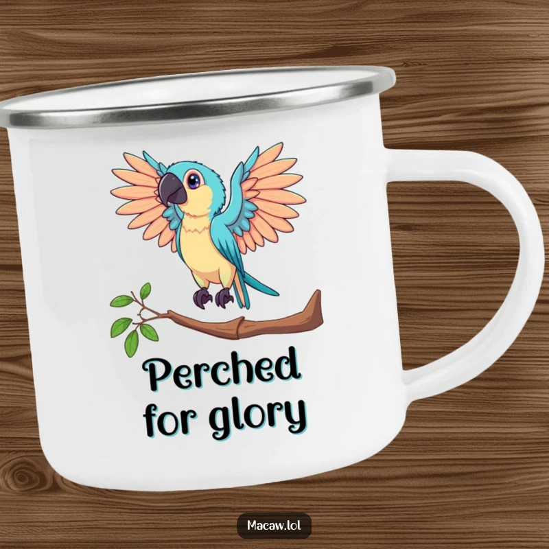 Funny camping mug featuring a macaw bird posing dramatically with outstretched wings, ideal for outdoor brews and grand moments.