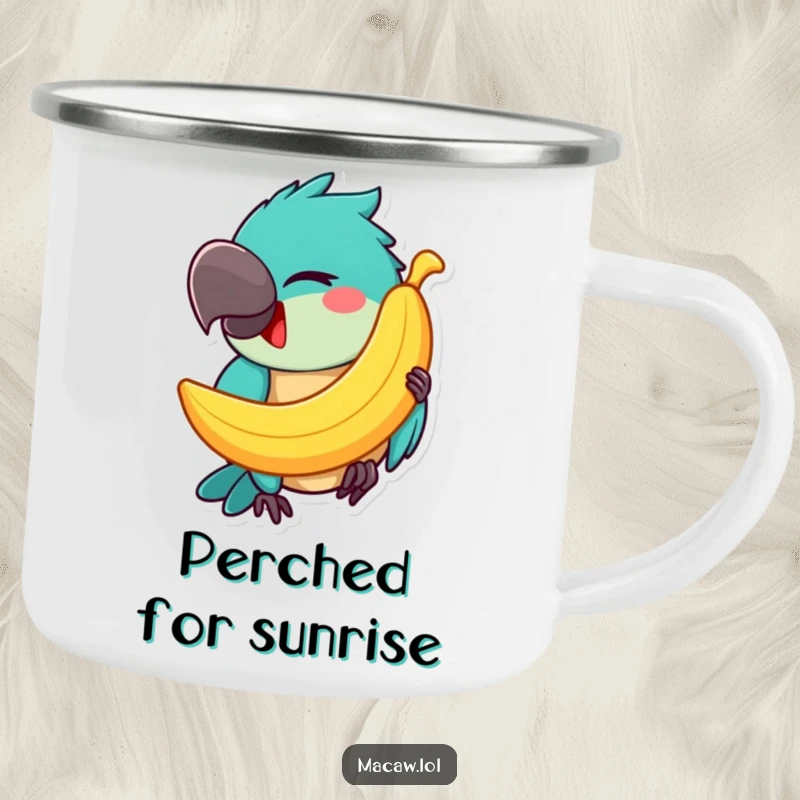 Funny Macaw Camping Mug: A happy macaw winks while balancing a banana on its beak, ready for outdoor adventures.