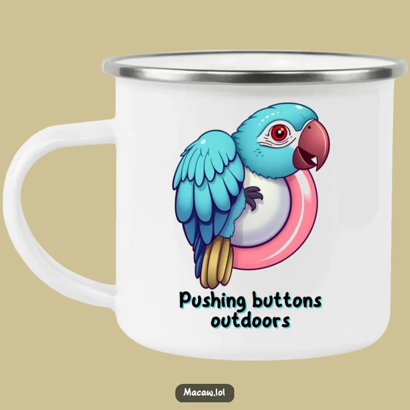 Funny Macaw Button Camping Mug: Durable Bird Mug for Playful Adventures