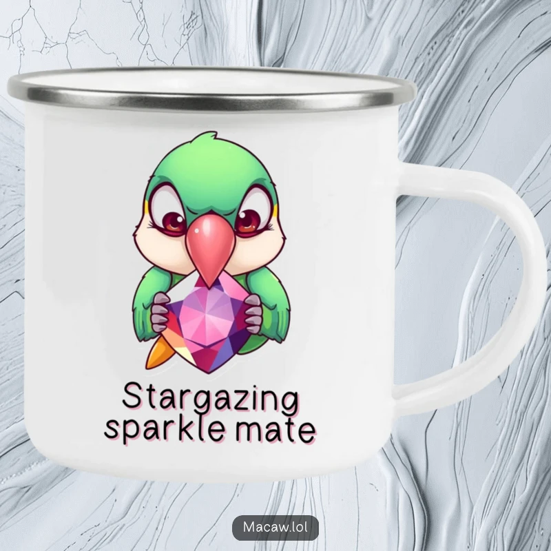 Funny Macaw Camping Mug: A macaw with exaggerated rolling eyes pecks at a giant gemstone, ready for sparkling adventures.