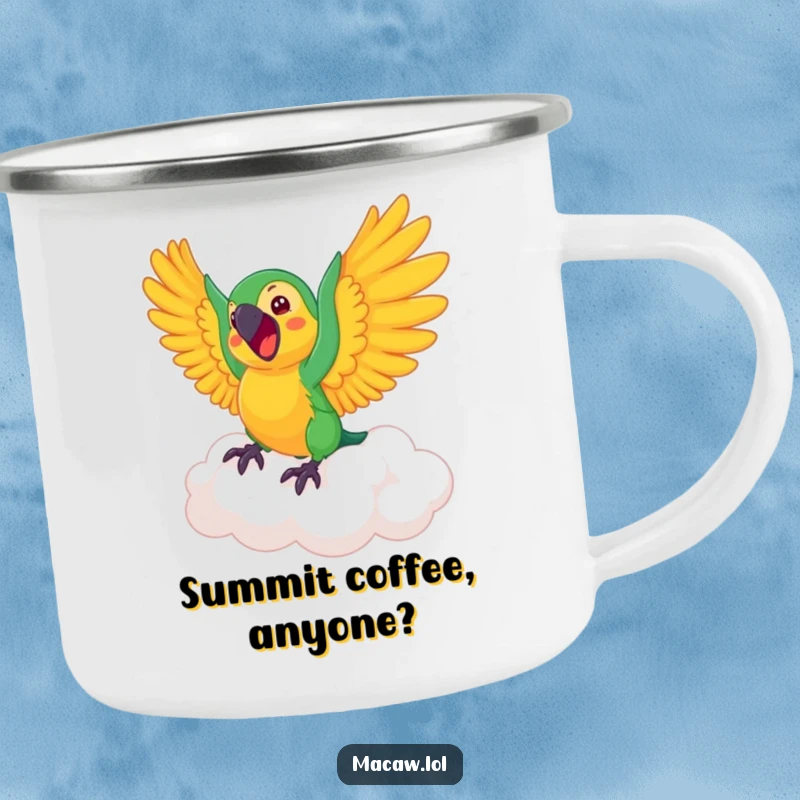 Funny Macaw Camping Mug: A durable mug with an excited macaw bird happily riding a bouncing cloud.
