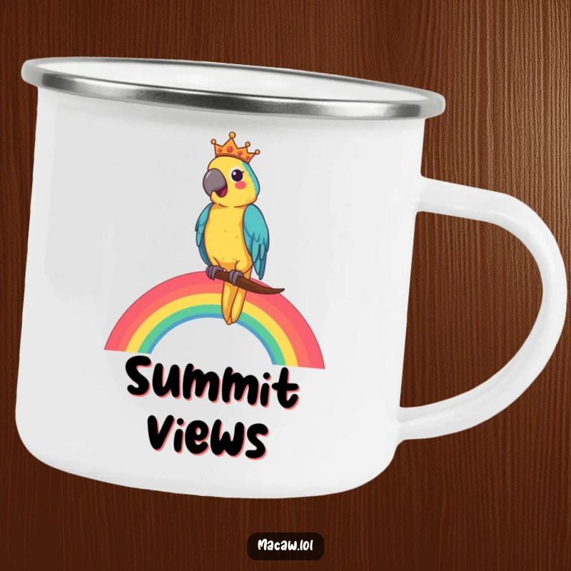 Funny Macaw King Camping Mug of a cheerful macaw king ruling from a rainbow, perfect for majestic outdoor drinks.