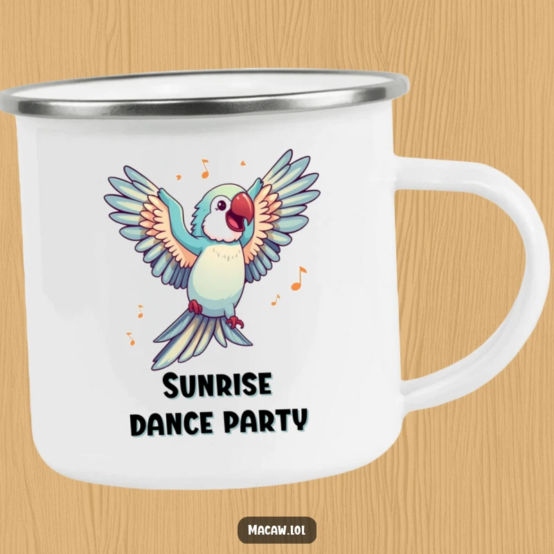 Funny Camping Mug featuring a happy macaw with wings spread wide, dancing joyfully, ready for outdoor musical adventures.