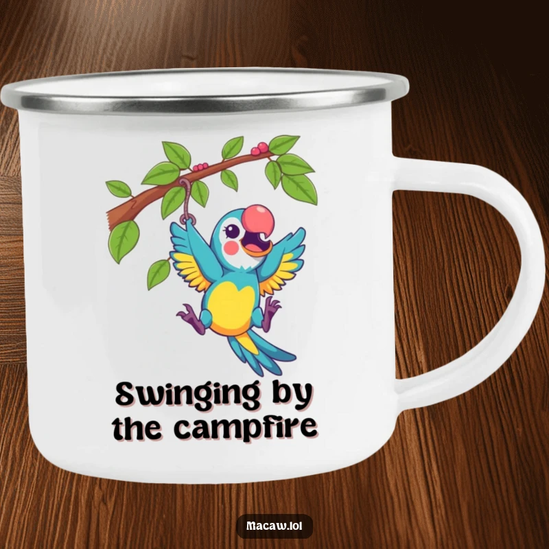 Funny macaw playfully swinging from a vine with excitement, on an enamel camping mug, for adventurous, humorous outings.