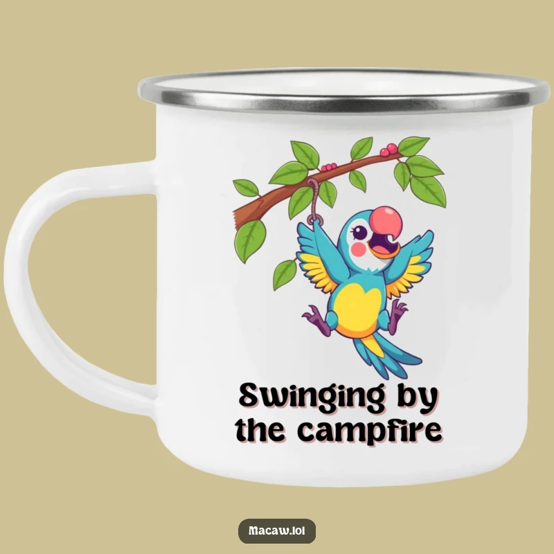Funny Excited Macaw Swinging Enamel Camping Mug - Rugged Humorous Outdoor Gift