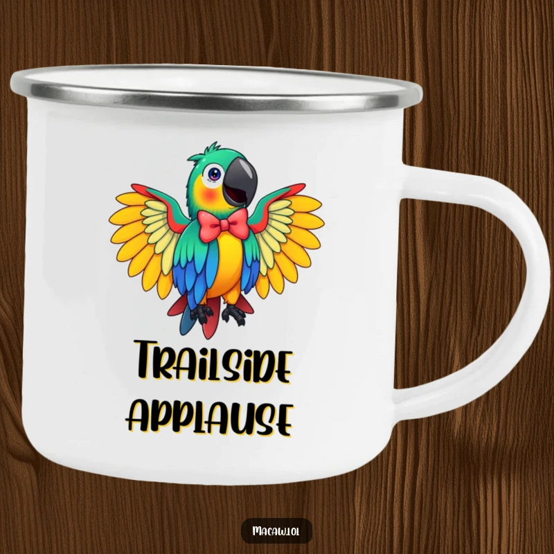 Funny Macaw Camping Mug featuring a bird in a flamboyant bow, perfect for enjoying drinks outdoors with a humorous touch.
