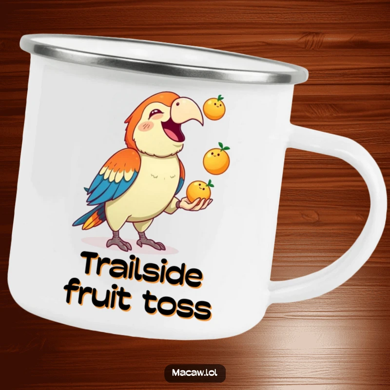 Funny Macaw Camping Mug: A cute macaw squawks gleefully while juggling three small fruits, ready for fruit-filled adventures.
