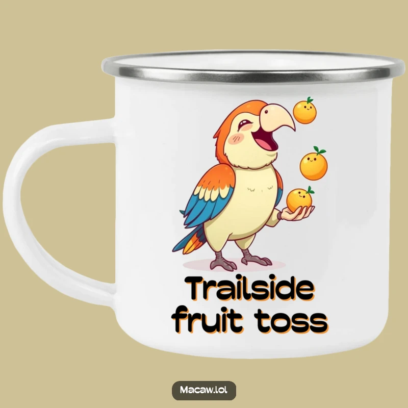 Funny Macaw Juggling Camping Mug: Adventure Fuelled by Fruit and Fun