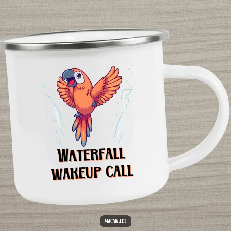 Funny camping mug of an energetic macaw diving through a misty waterfall with glee, perfect for hot beverages on the go.