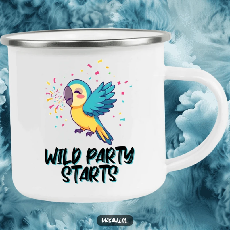 Funny macaw camping mug featuring a cheerful bird blowing colorful confetti, perfect for outdoor enthusiasts who love a touch of fun.