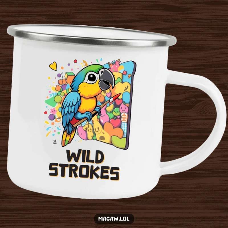 Funny Macaw Camping Mug: A vibrant macaw beak paints a chaotic mural, bringing artistic inspiration and humor to your outdoor excursions.