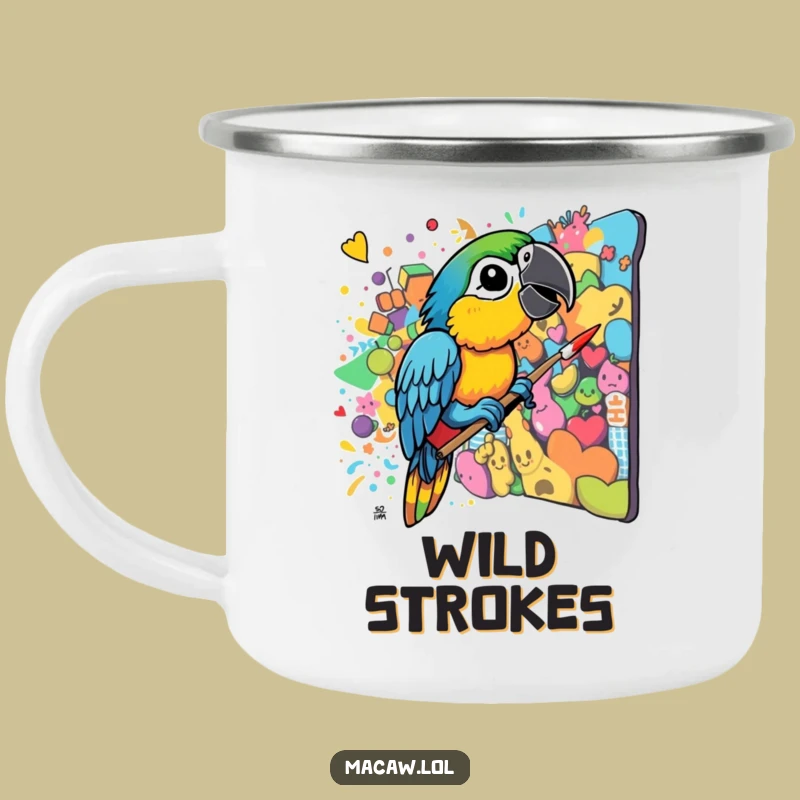 Funny Macaw Artist Camping Mug - Chaotic Colorful Bird Adventure Gift