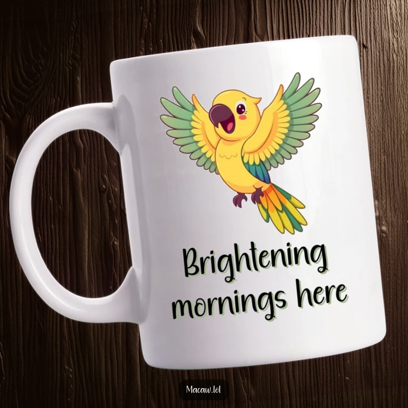 Funny happy macaw mug, a colorful macaw flapping its wings joyfully, leaving a vibrant rainbow trail behind it.