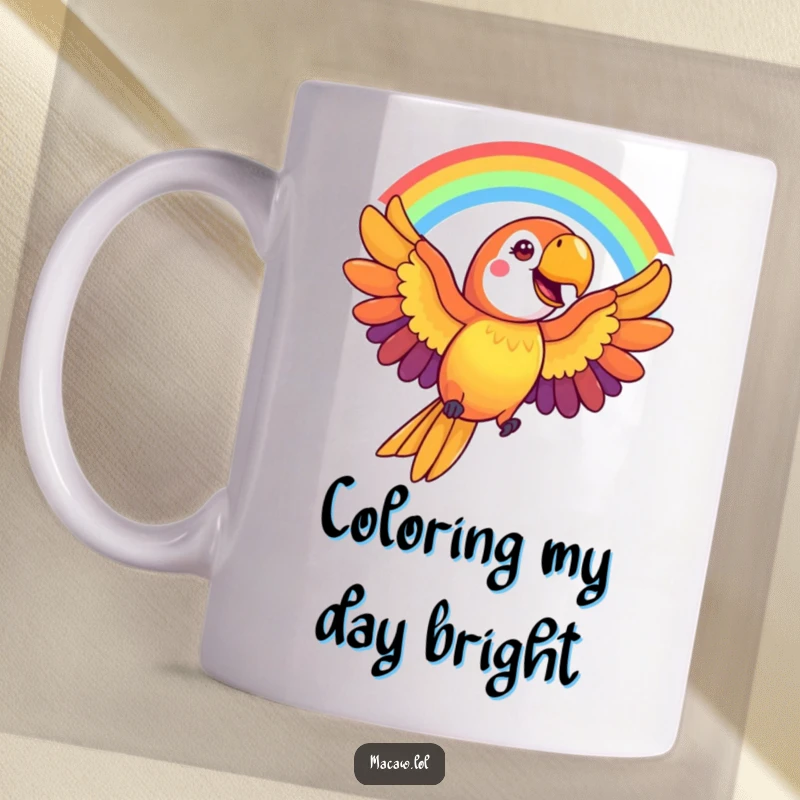 Funny Macaw Mug: A cheerful macaw bird with wings outstretched creates a beautiful rainbow arc, symbolizing joy and vibrancy.
