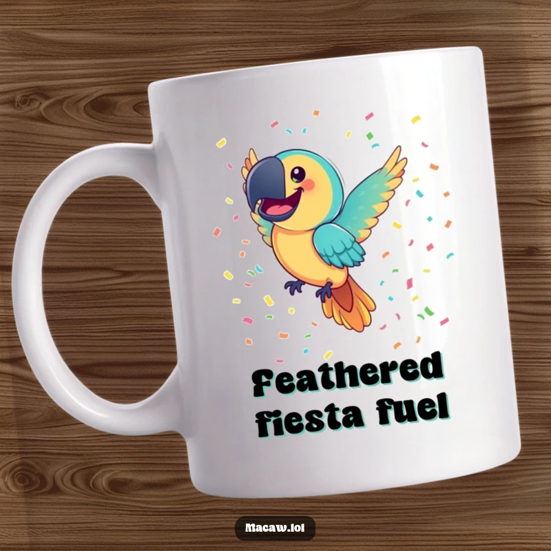 Funny Macaw Mug: A joyful macaw bird with a comically large smile flies gleefully through a shower of colorful confetti, radiating pure happiness.