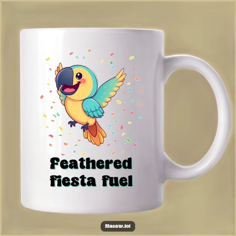 Funny Macaw Confetti Mug: Joyful Bird Smile, Hilarious Party Gift