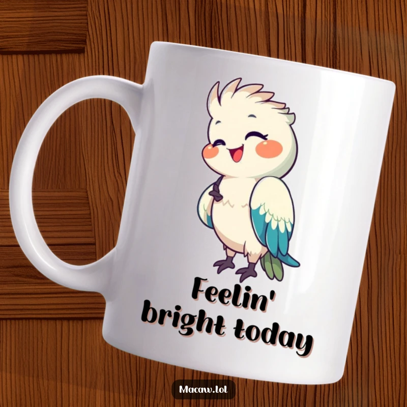 Funny Macaw Mug featuring a happy macaw preening its bright feathers with a clearly pleased and contented expression.
