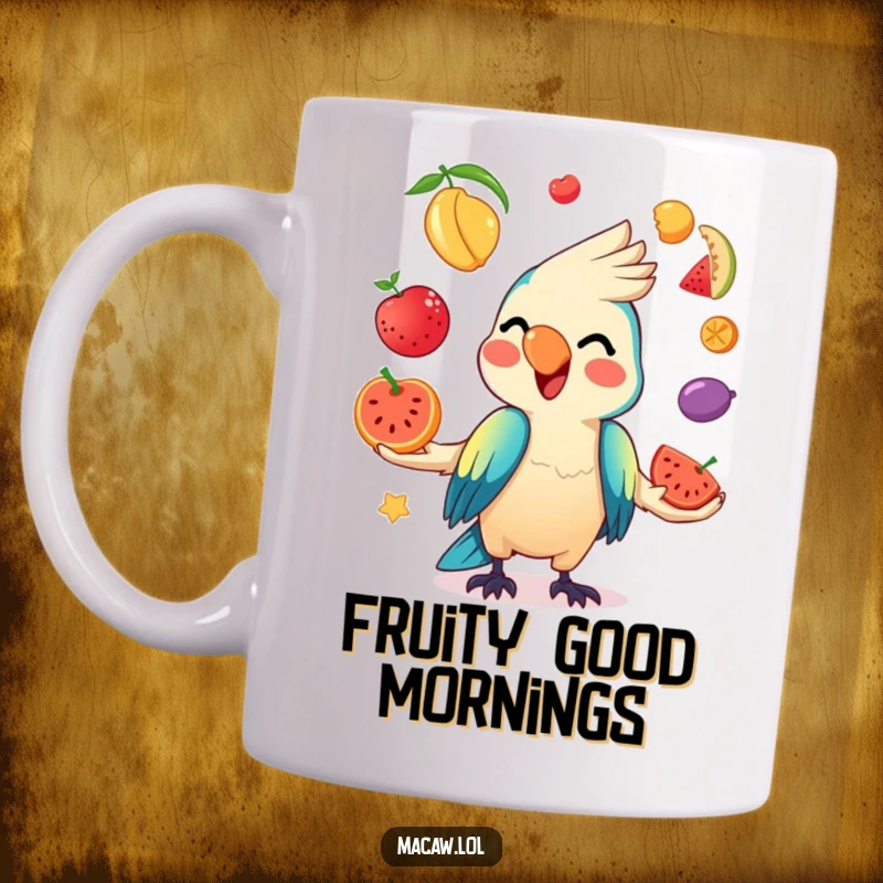 Funny Kawaii Macaw Mug showing a cute macaw artistically juggling colorful fruits with a mischievous, wide grin.
