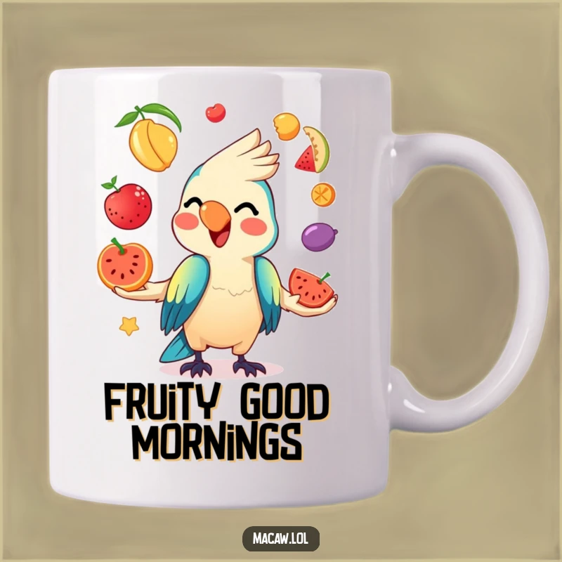 Funny Kawaii Macaw Fruit Juggling Mug: Mischievous Bird Makes a Hilarious Gift!