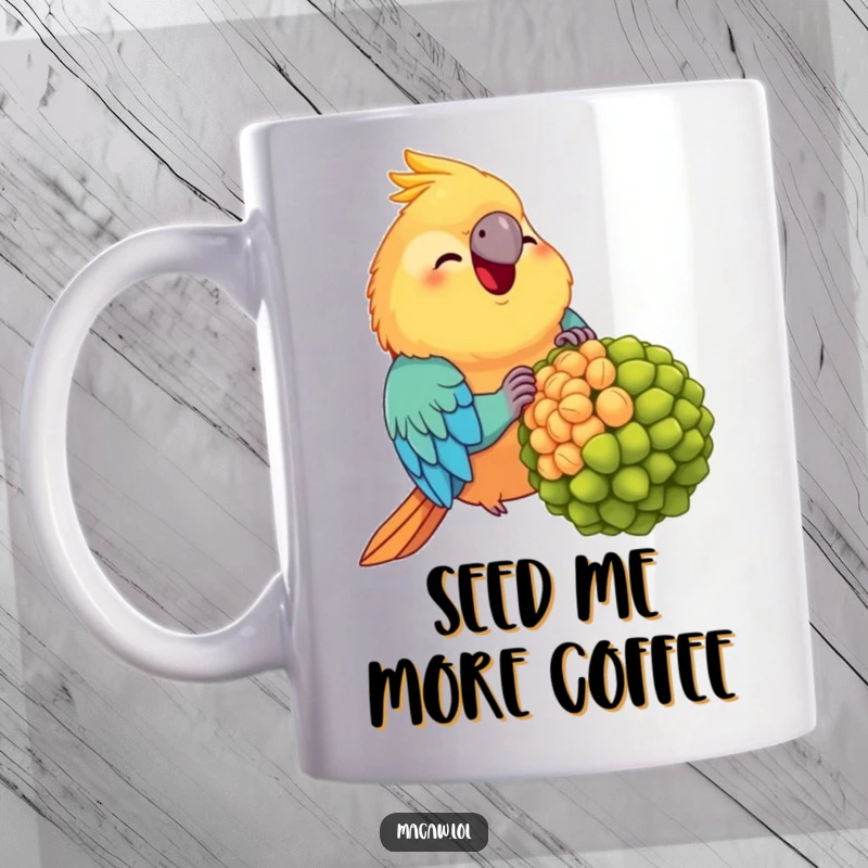 Funny Chubby Macaw Mug: A plump, cheerful macaw stuffing its beak with a comically large seed, radiating pure happiness.