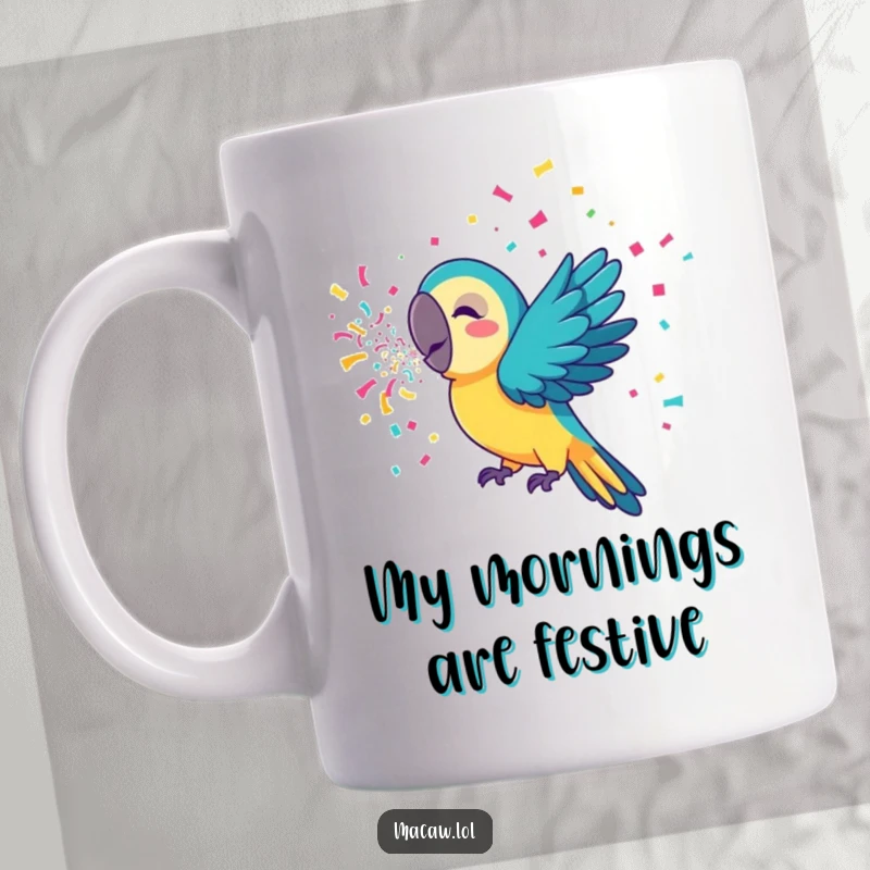 Funny macaw mug with a cheerful bird artistically blowing colorful confetti from its beak, spreading happiness and vibrant celebration.