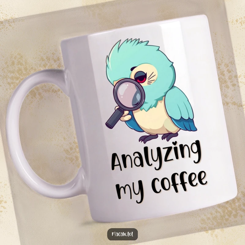 Funny macaw mug, a focused macaw bird using a magnifying glass to examine something with intense curiosity.