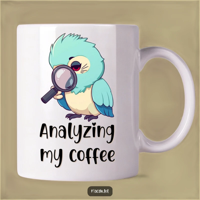 Funny Curious Macaw Magnifying Glass Mug: Detective Bird Find Funny Gift