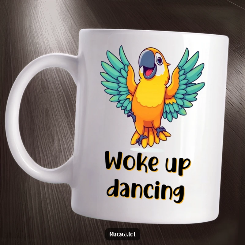 Funny, vibrant macaw with a wide grin joyfully dancing with outstretched wings on a cheerful ceramic mug.