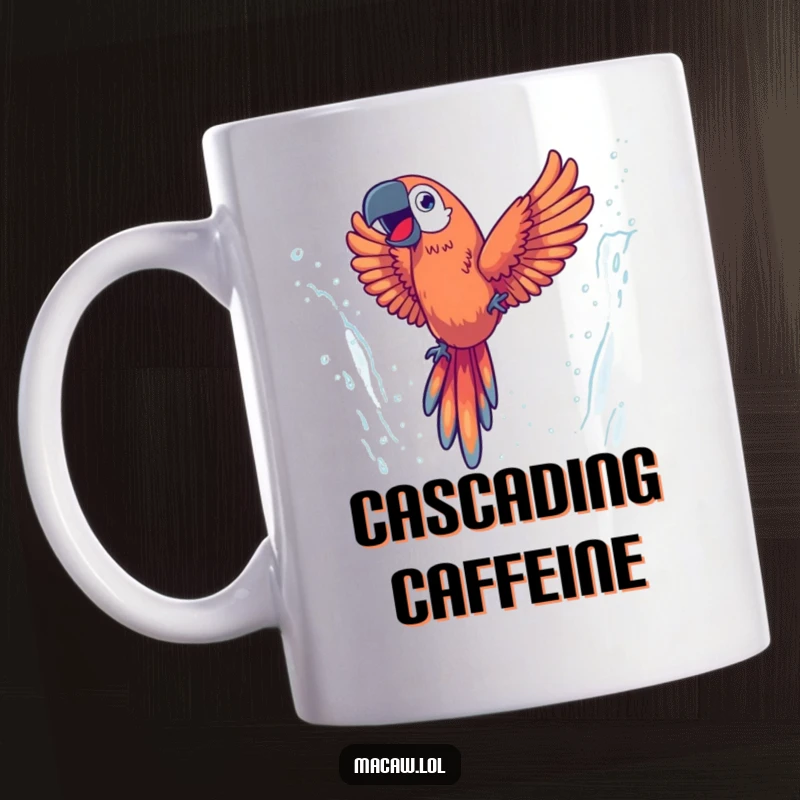 Funny mug showing an energetic macaw joyfully diving through a misty waterfall, capturing a moment of pure exhilaration.