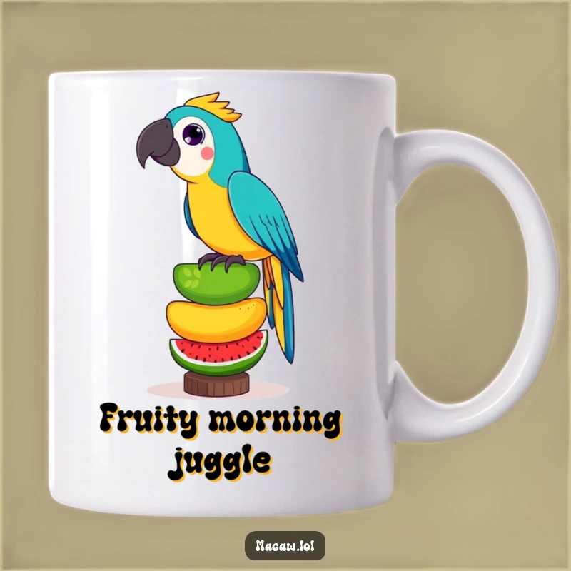 Funny Fruit Balancing Macaw Mug: Playful Bird's Risky Stack Gift