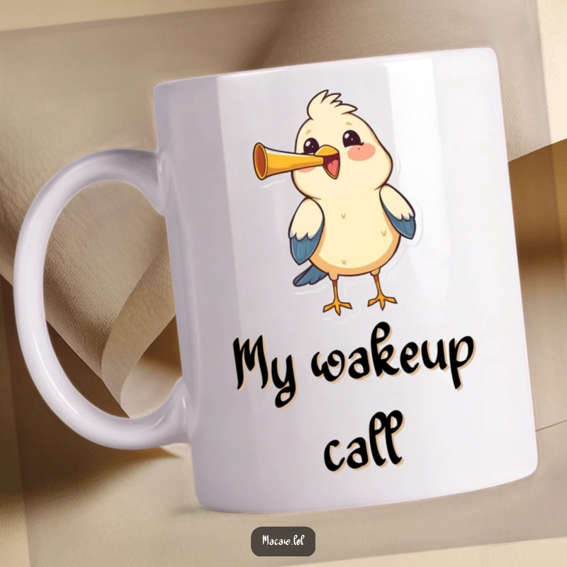 Funny bird joyfully honking a tiny horn with immense gusto and a happy expression.