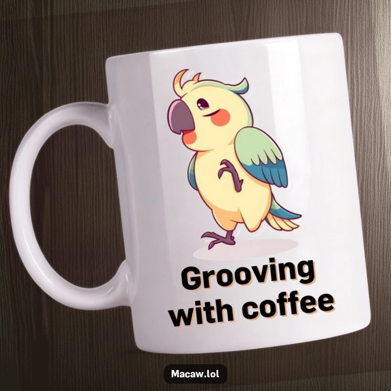 Funny mug showing a joyful macaw performing a vibrant dance with its foot tapping to a rhythm.