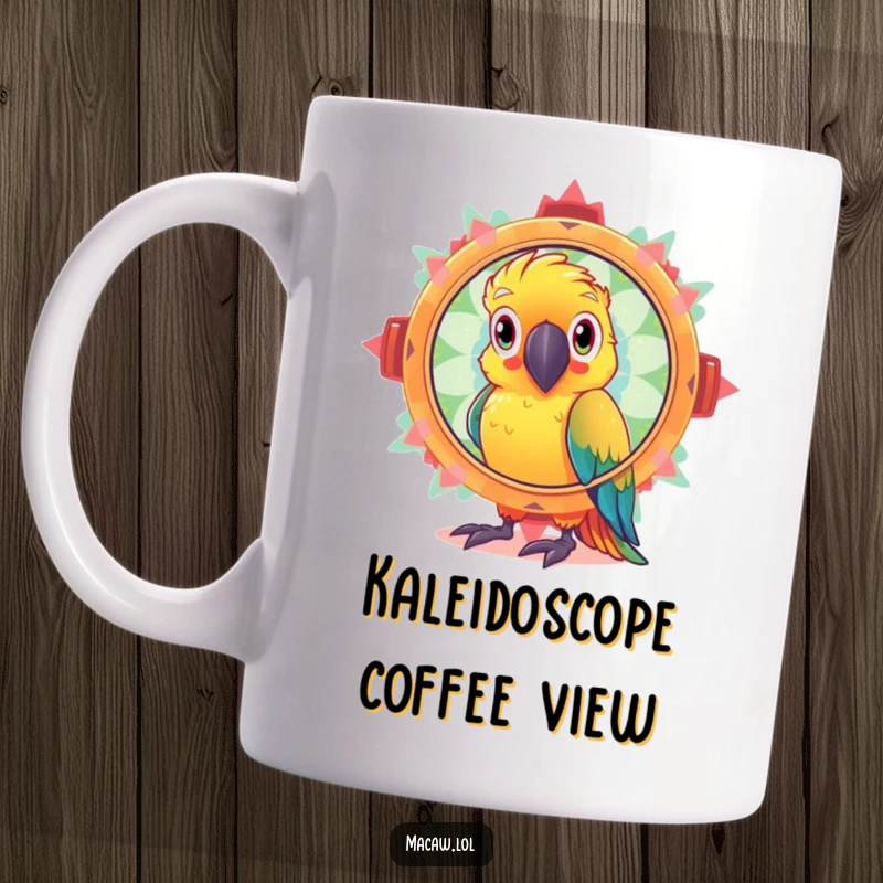Funny mug featuring a curious macaw bird looking through a large, dazzling, sparkling kaleidoscope, mesmerized by the colorful patterns.