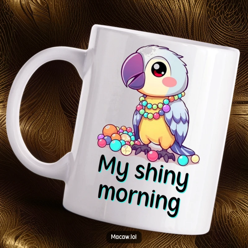 Funny Mug featuring a kawaii macaw proudly displaying a collection of shiny, mismatched beads, showcasing its unique taste.