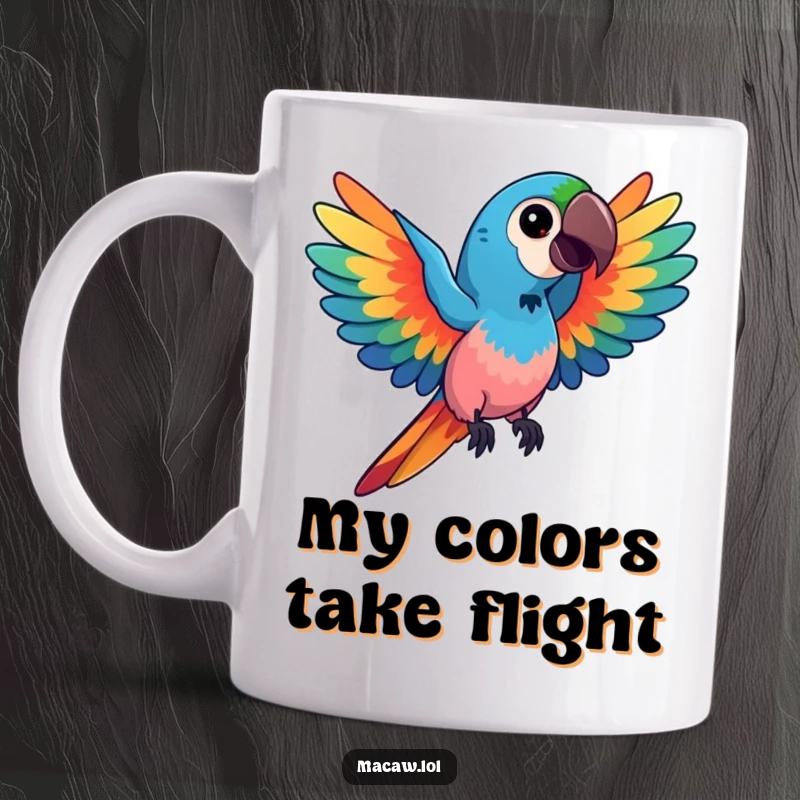 Funny kawaii macaw mug, featuring a bird with spread wings displaying vibrant, swirling colors, radiating artistic joy and personality, a great funny gift.
