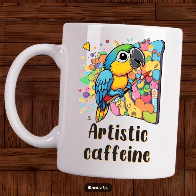 Funny Macaw Artist Mug: A colorful bird enthusiastically paints a chaotic mural with its beak, expressing vibrant artistic flair.