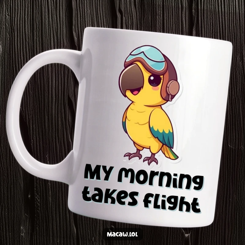 Funny mug depicting a small macaw bird wearing a tiny aviator helmet, with a courageous and adventurous expression.